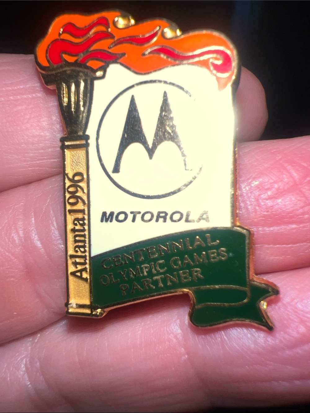 Sports memorabilia Motorola brooch. Olympic Torch Pin, Atlanta 1996